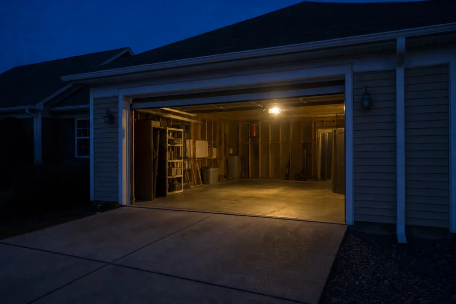 Two-car garage door on a split-level house at dusk