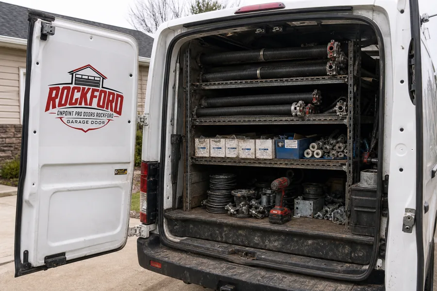Inside the OnPoint Pro Doors Rockford truck: springs, rollers, drums and hinges stocked for Rockford